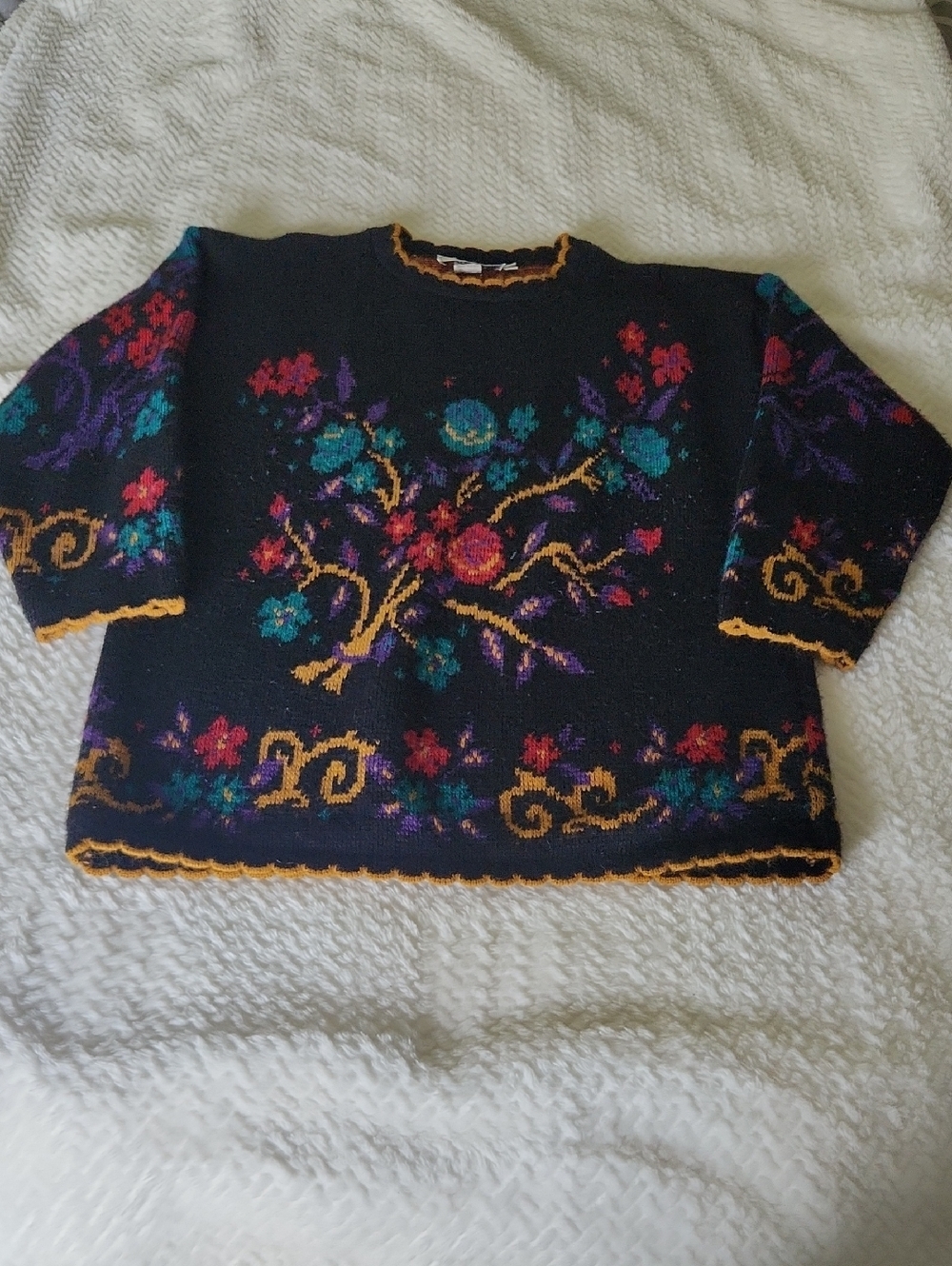 VTG United States Sweaters Floral Black Knit Sweater with Teal & Purple Accents